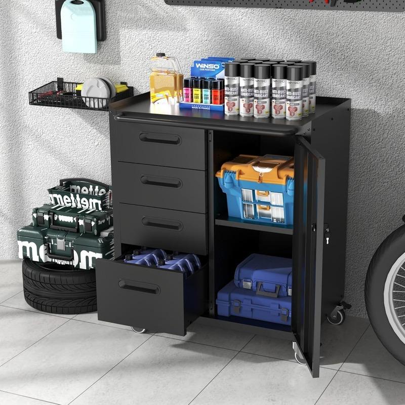 Metal Storage Cabinet with Wheels,Garage Storage Cabinet with 1 Door and 4 Drawer,Rolling Tool Storage Cabinet,Assembly Required