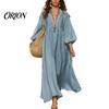 Comfortable Women Dress Women's Deep V Neck Maxi Dress, Puff 3/4 Sleeve Elegant Casual A-Line Flowy Loose Boho Beach Sundress Versatile