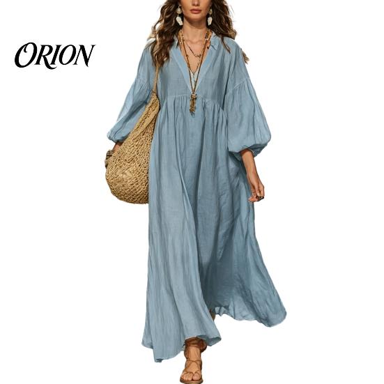 Comfortable Women Dress Women's Deep V Neck Maxi Dress, Puff 3/4 Sleeve Elegant Casual A-Line Flowy Loose Boho Beach Sundress Versatile