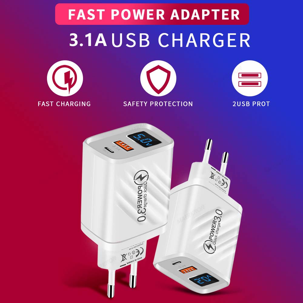 20W USB Charger Fast Charging 2 Ports Type C Phone Charger Adapter for IPhone Samsung Xiaomi Digital Display USB C Wall Charger