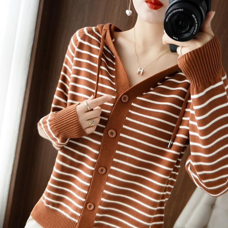 Hooded Knitted Sweater Autumn New Striped Long-sleeved Cardigan Jacket Loose Outer Top Women