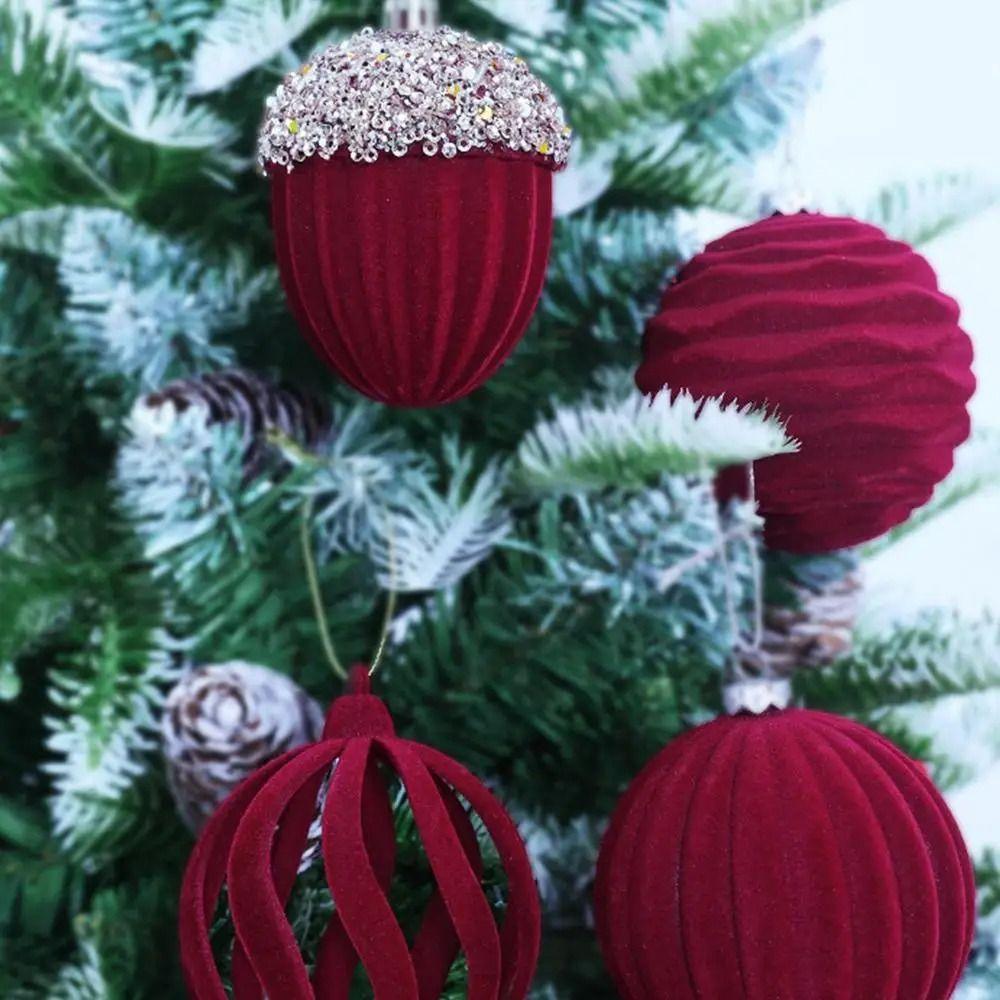 4pcs Delicate Christmas Tree Pendant Flocked Xmas Hanging Ornament Velvet Christmas Ball  Holiday