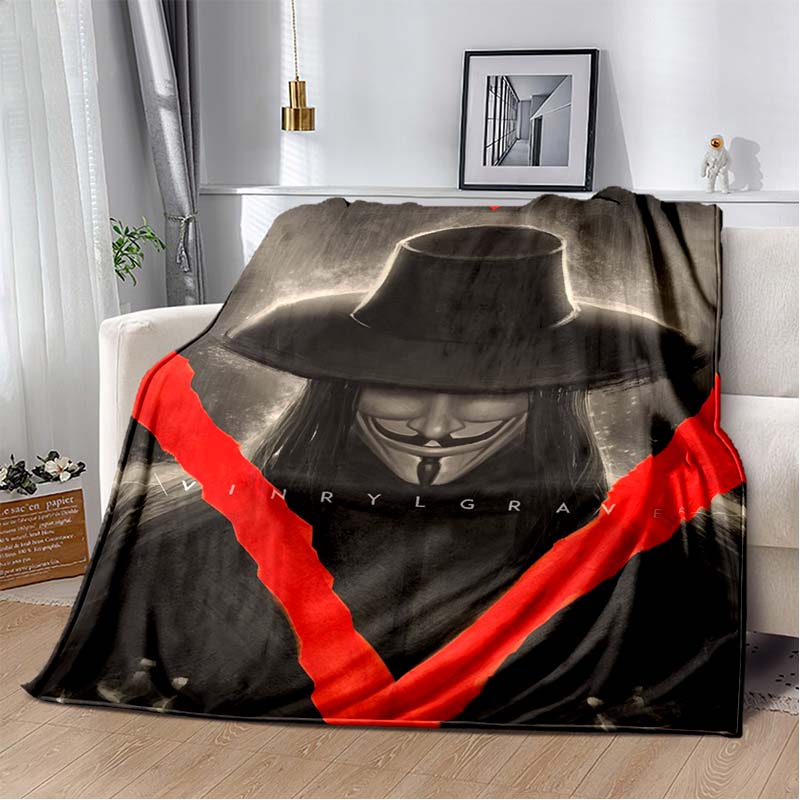 V For Vendetta Mask Red Rose Bloody V Print Soft Flannel Throw Blanket Warm Sofa Couch Bed Home Decor Cover For Comic Fans