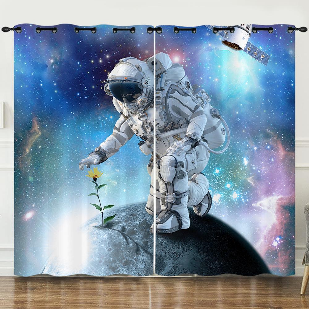 Curtains Starry Sky Astronaut Digital Printed Curtains Blackout Punched Bedroom