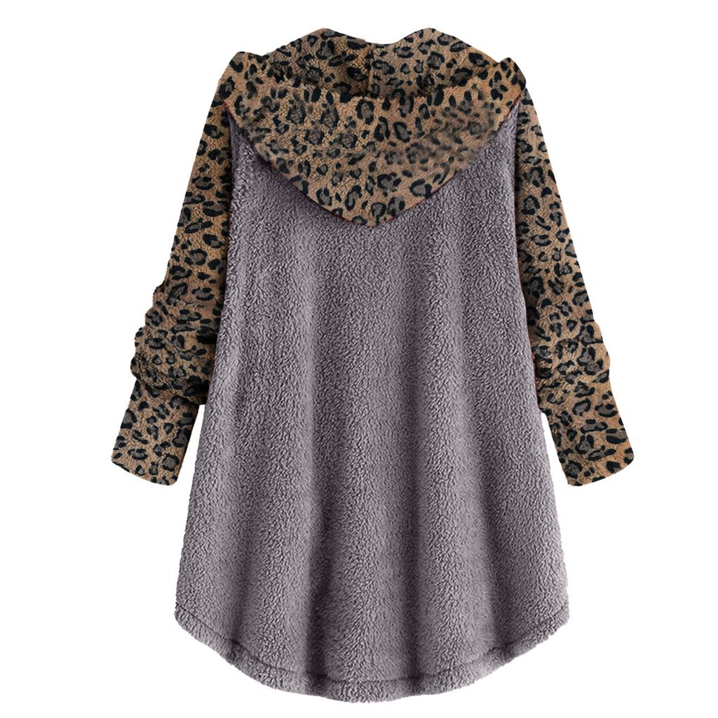 Dámská móda A zimní knoflíková mikina s dlouhým rukávem, leopardím potiskem, patchworková, s kapucí, plyšová bunda