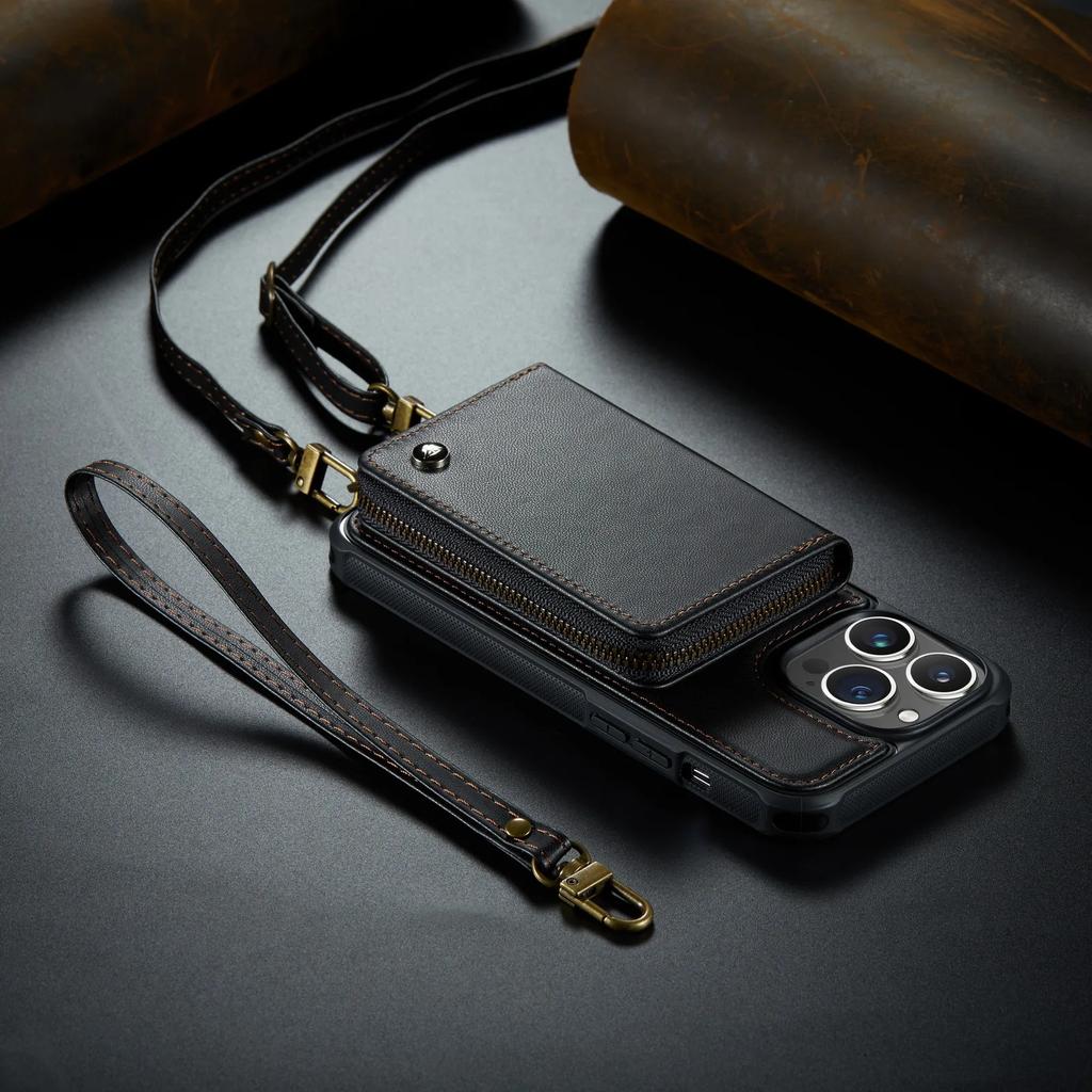 Zipper Leather Wallet Phone Case For iPhone 16 Pro Max 14Plus 14 15 13 12 11 Cards Holder Solt Stand Hand Strap Back Cover Coque
