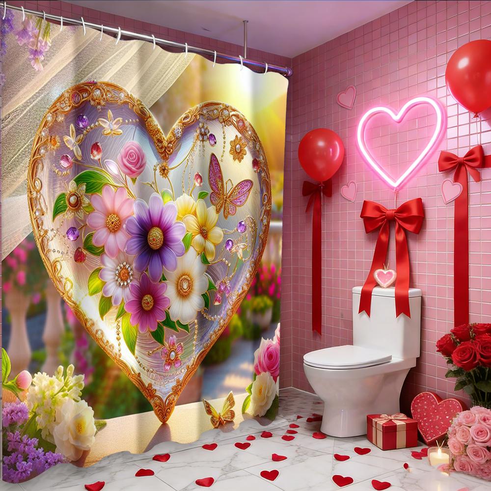 Valentine's Day Love Heart Rose shower curtain, bathroom shower waterproof curtain with 12 hooks, fish shaped home decoration