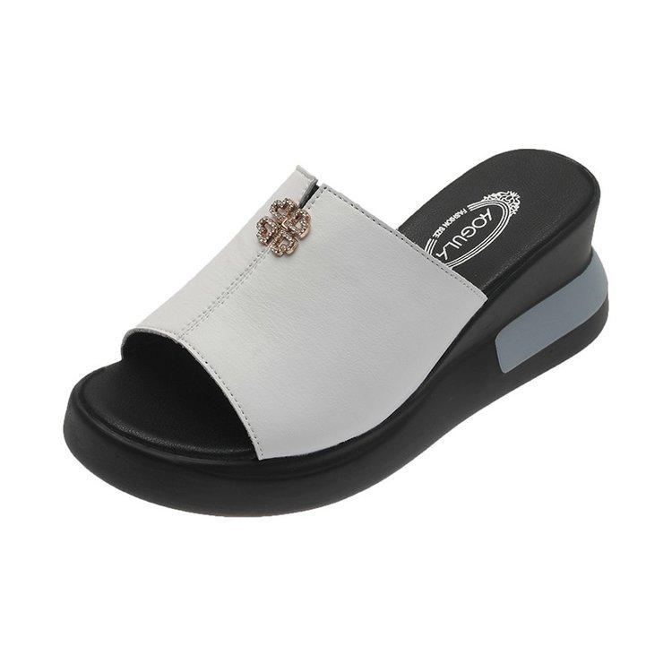 

Кожаные тапочки женская мода 2025 лето новые крутые тапочки на высоком каблуке женские толстая подошва танкетка сандалии на одной перемычке 40 белый