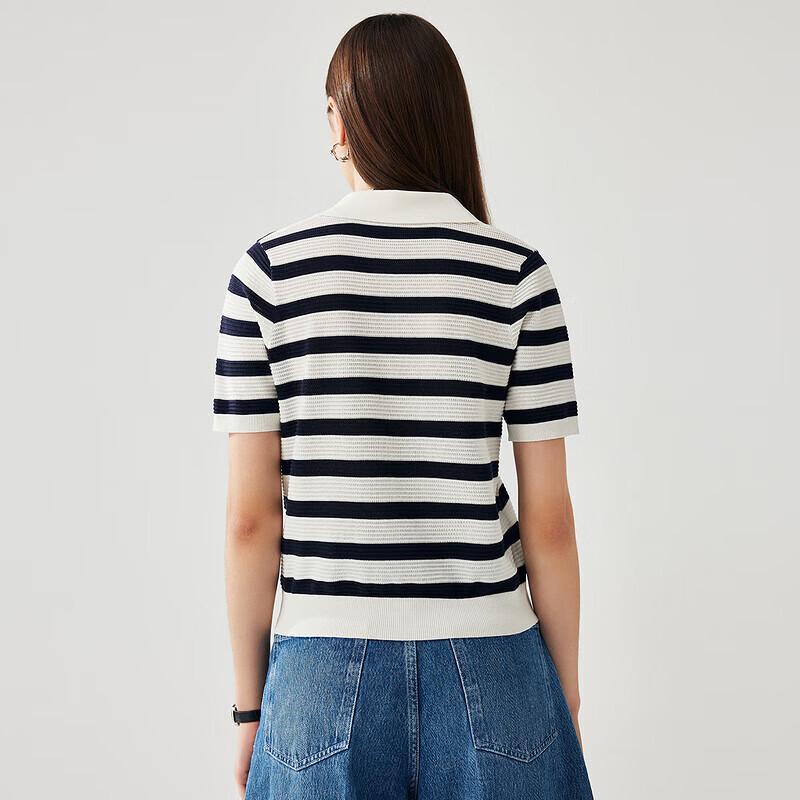 Zhaojun Women's Striped Mulberry Silk Short Sleeve Knit Cardigan