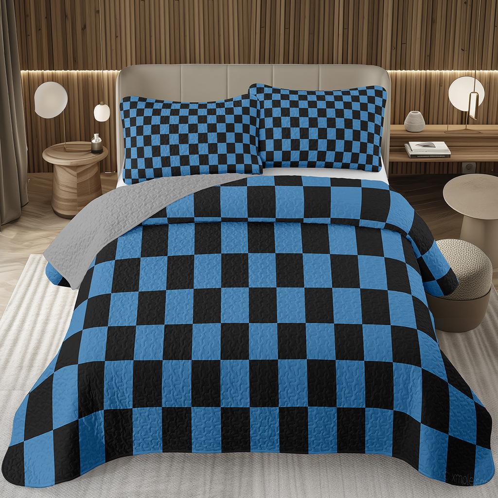 Retro Karierte Tagesdecke Twin Queen Vintage Ausgefallen Geometrisch Karomuster Gestepptes Bettwäscheset Schachbrettmuster Gitter Wendbare Tagesdecke Set