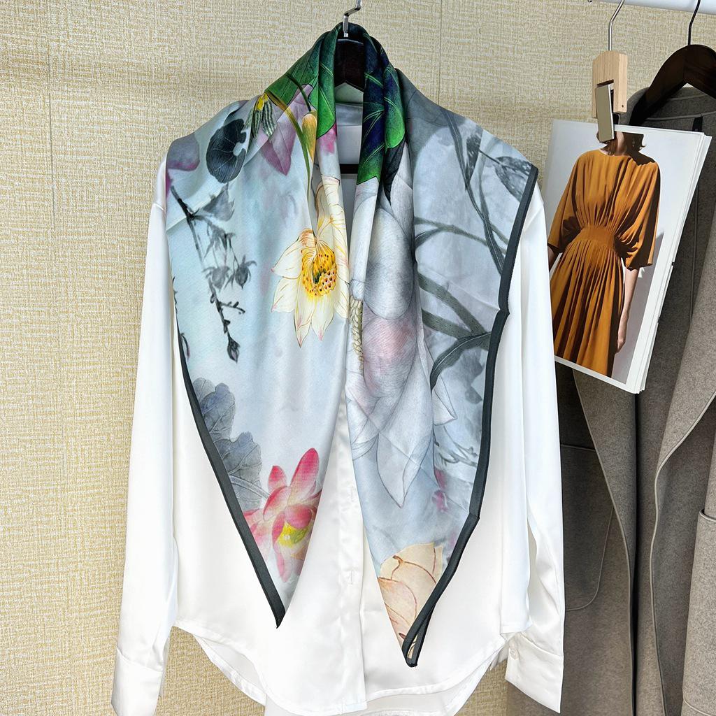 Guochao Lotus Landscape 100% Mulberry Silk Scarf - Versatile Women's Square Shawl