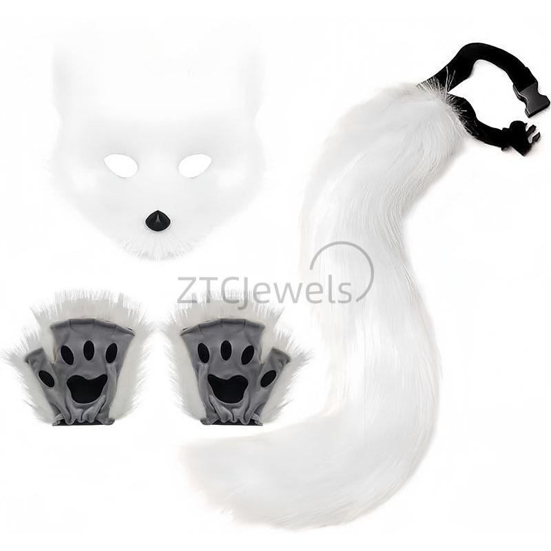 Faux Fur Fox Tail Cat Wolf Cosplay Costume Set Plush Mask Fluffy Paw Gloves Anime Accessories Halloween Party For Girls Women