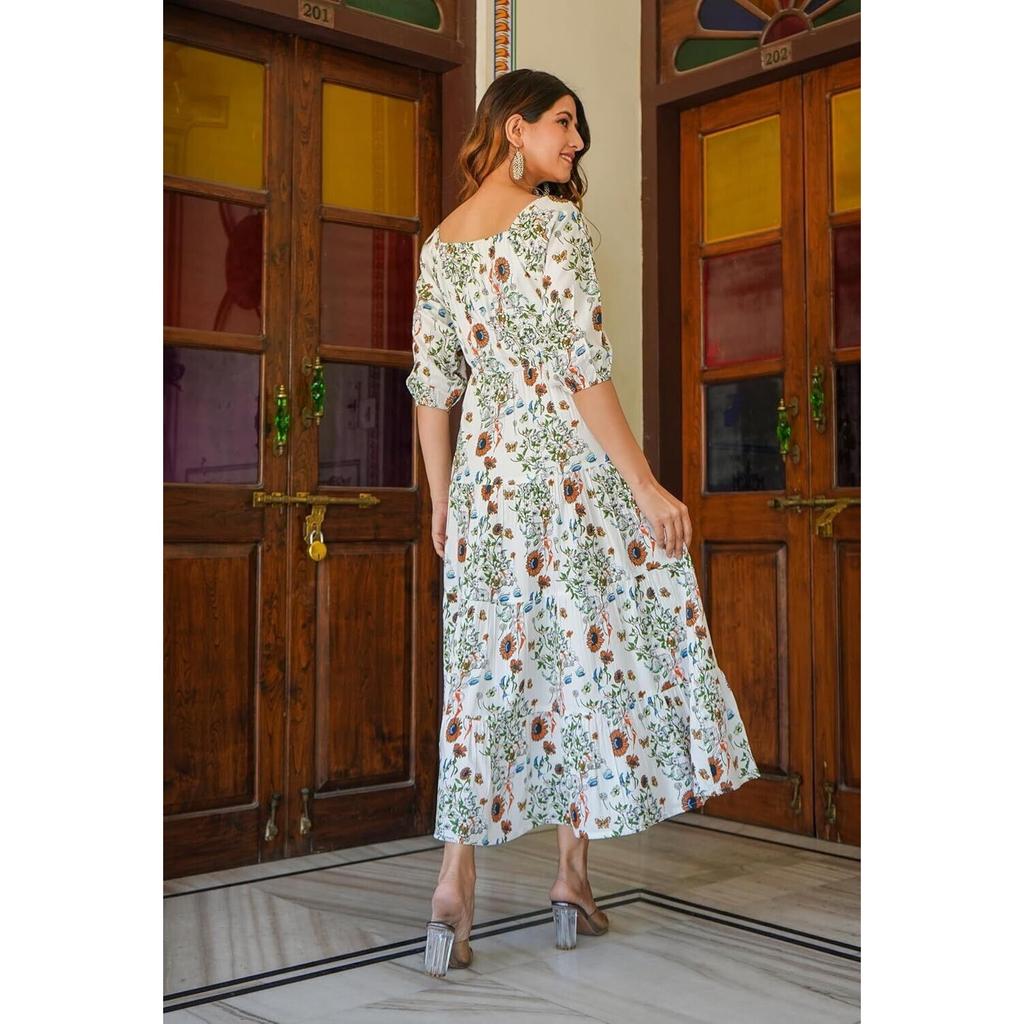 Women's Rayon Floral Printed Tiered Style Maxi Dress Top Tunic Party Wear Kurta VF-504