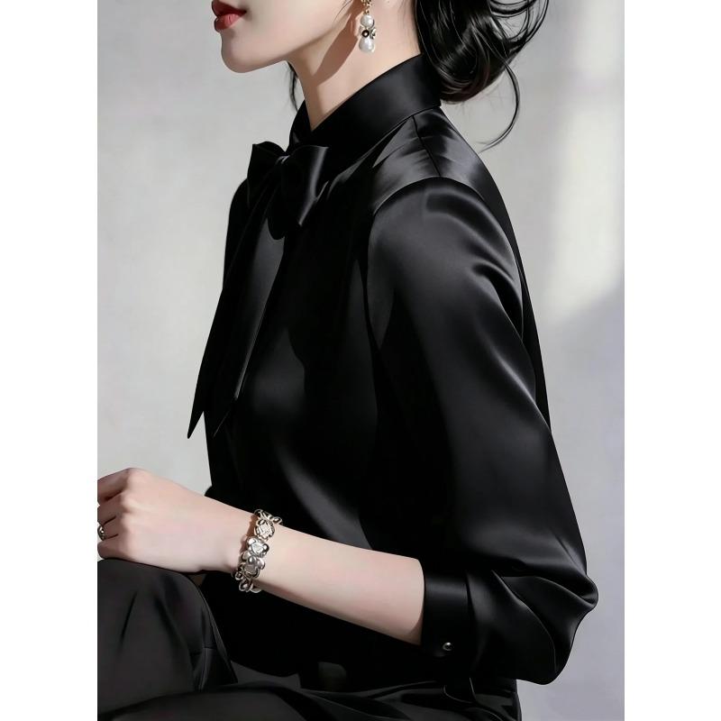 Elegant Satin Bow Tie Blouse for Women Long Sleeve Formal Office Shirt