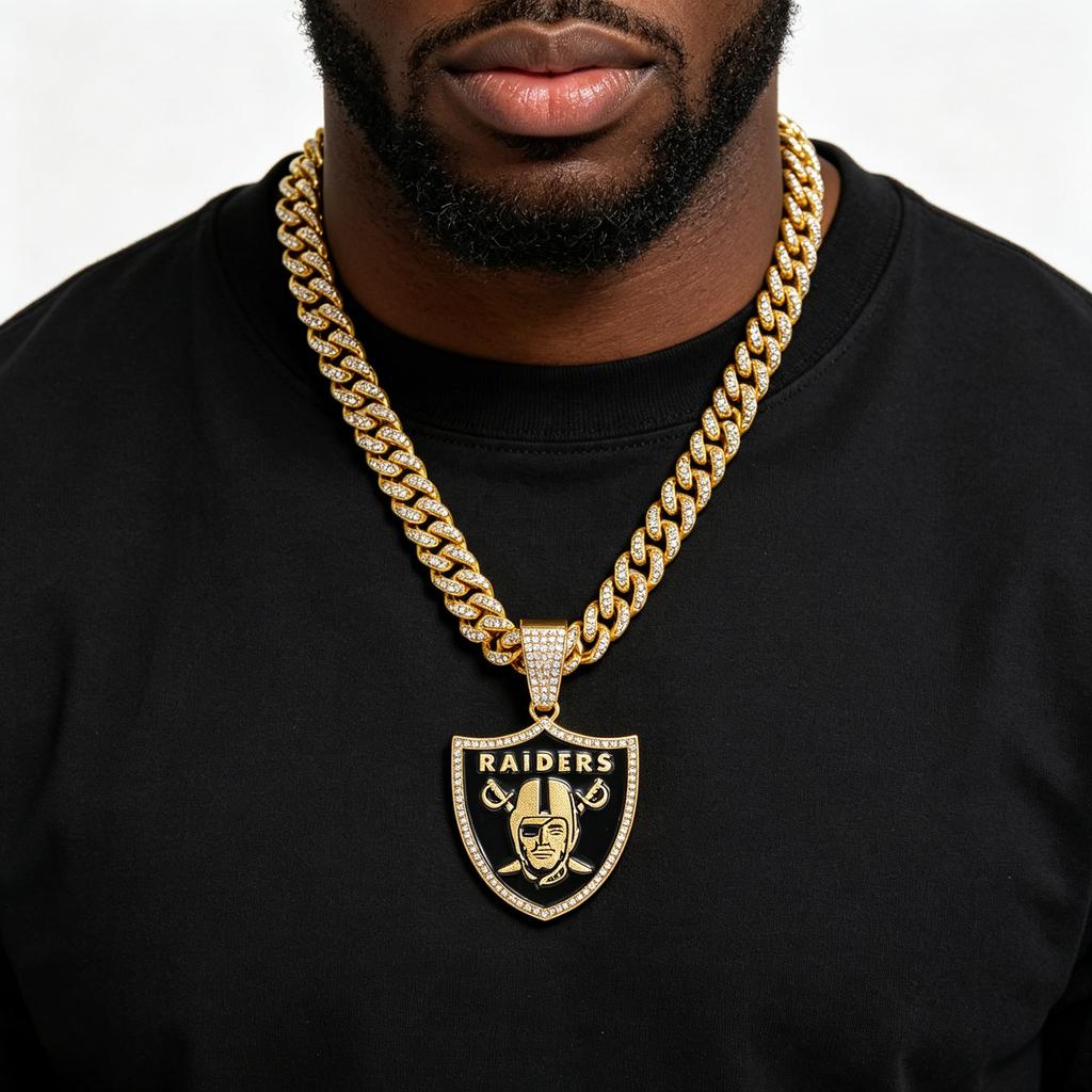 Ledový přívěsek Las Vegas Raiders na řetízku s plnými krystalovými články Šperk Dárek