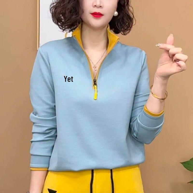 Spring Fashion Half-Zip Embroidered Slimming Color Block Long Sleeve Top for Moms