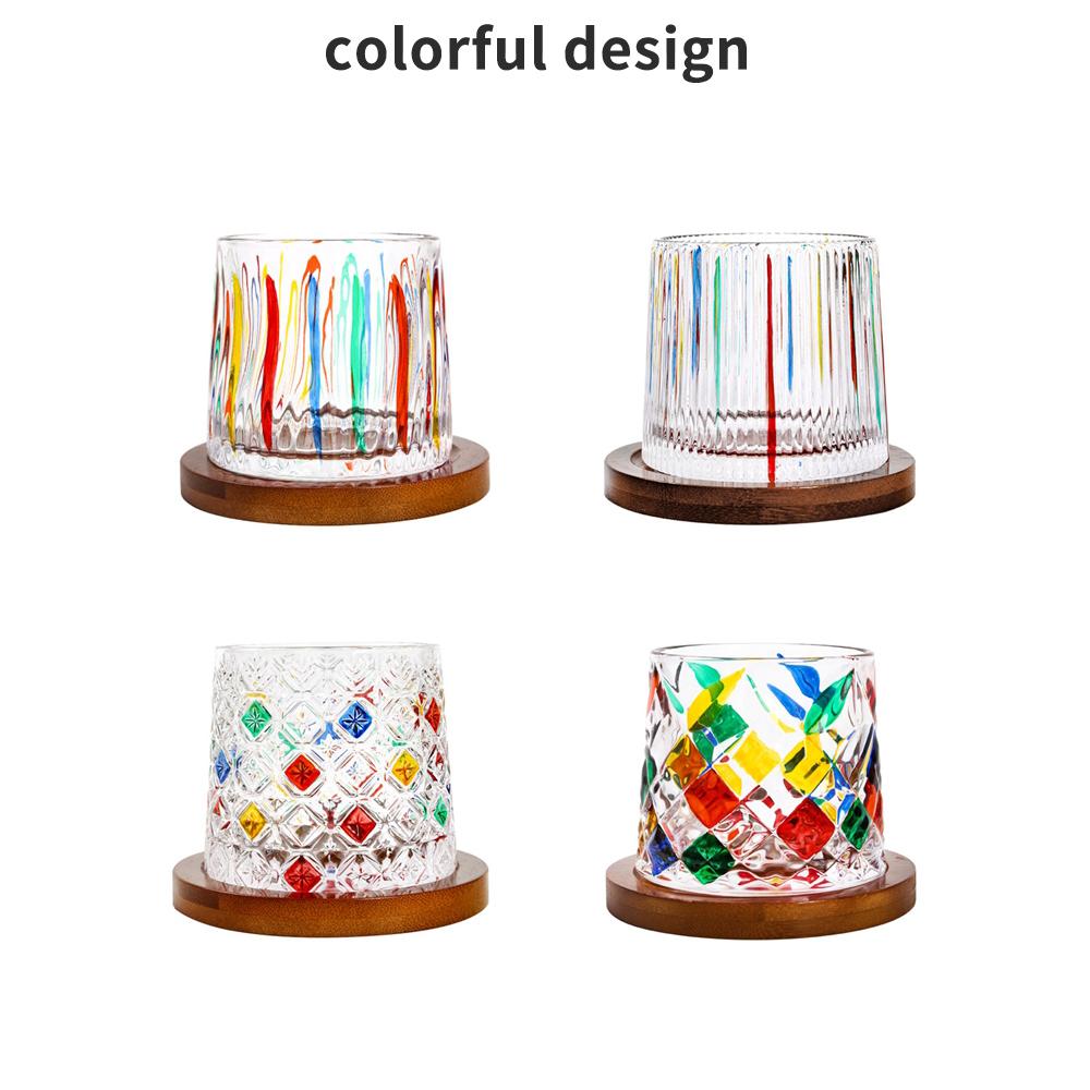 275ml Rotating Whisky Glass Beer Scotch Bourbon Crystal Tumbler with Coaster Color Crystal Glass Cup Thick Glass Gift Hand Paint