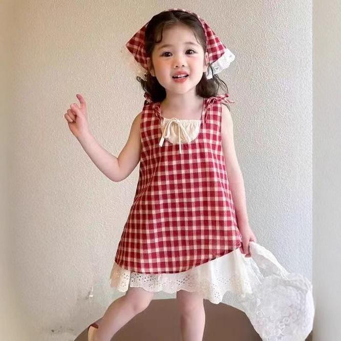 Girls Summer Checkered Sleeveless Dress Korean Casual Sundress for Toddlers and Kids