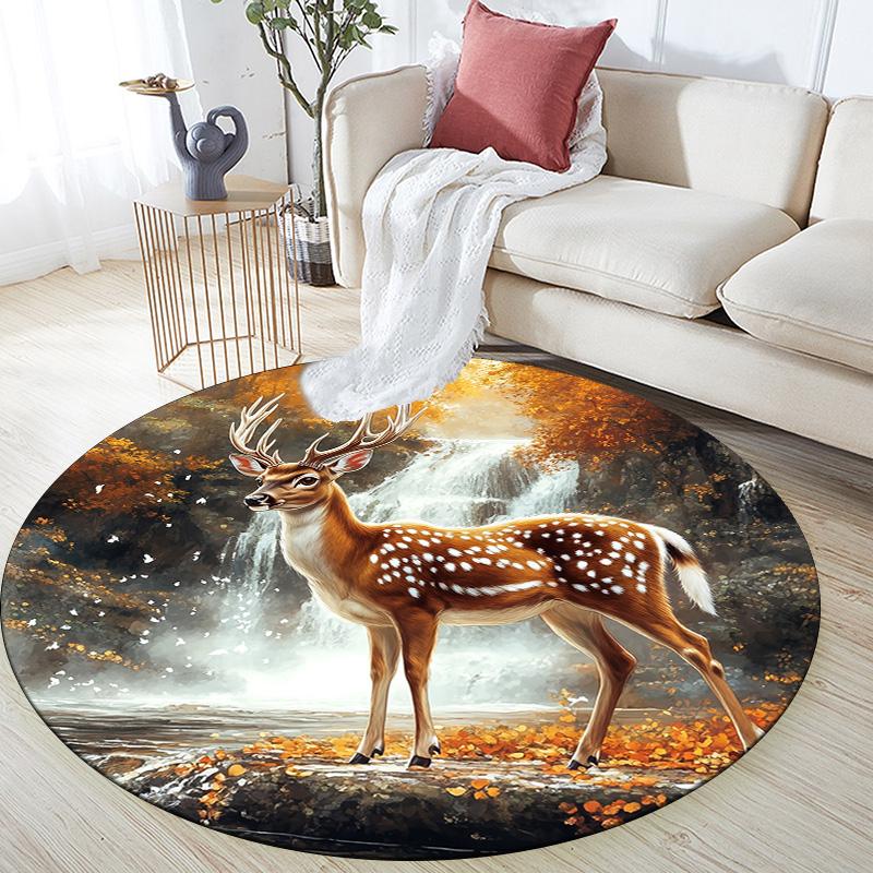 Deer by Waterfall  Round Area Rug,Carpet Rug for Living Room Bedroom Sofa Playroom Decor,Non-slip Floor Mat 80cmx80cm