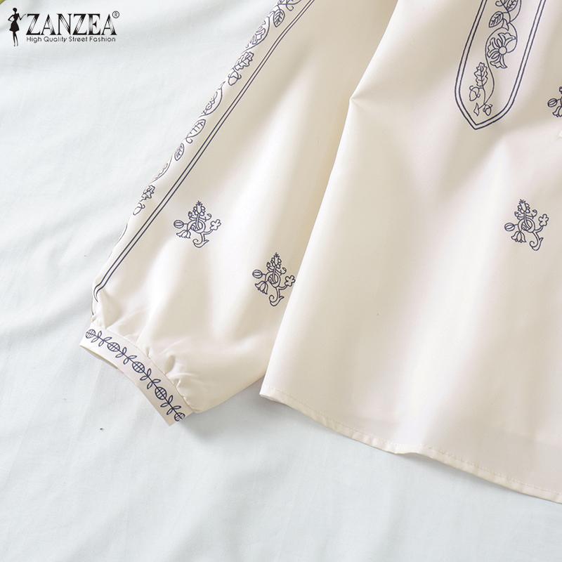 ZANZEA Damen Bluse mit Rundhalsausschnitt, langen Ärmeln und Schnürung, bedruckt