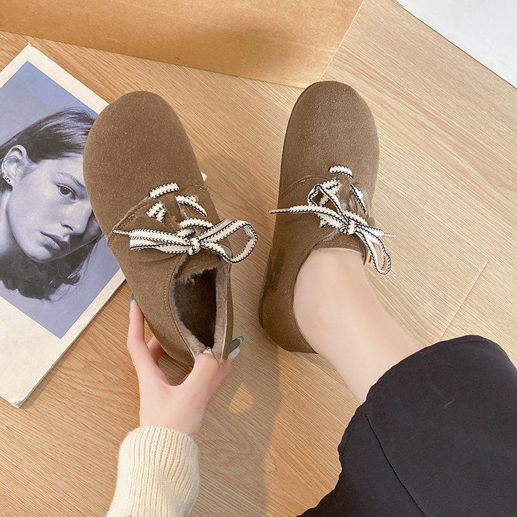 Fashion Spring Fall Women's Padded Warm Cotton Shoes Winter Retro Round Head Lace-up Versatile Flat Single Shoes