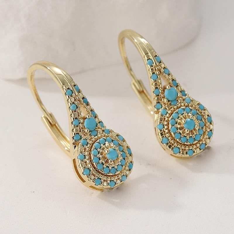 Elegant  Synthetic Turquoise Golden Plated Hoop Earrings for Women Exquisite Formal Occasions Banquet Jewelry Accessories