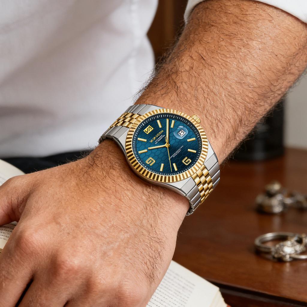 Business Men Watch Classic Diving Series Blue Dial Enlarged Calendar Quartz Clock Dual Color Stainless Steel Sports Mens Watches
