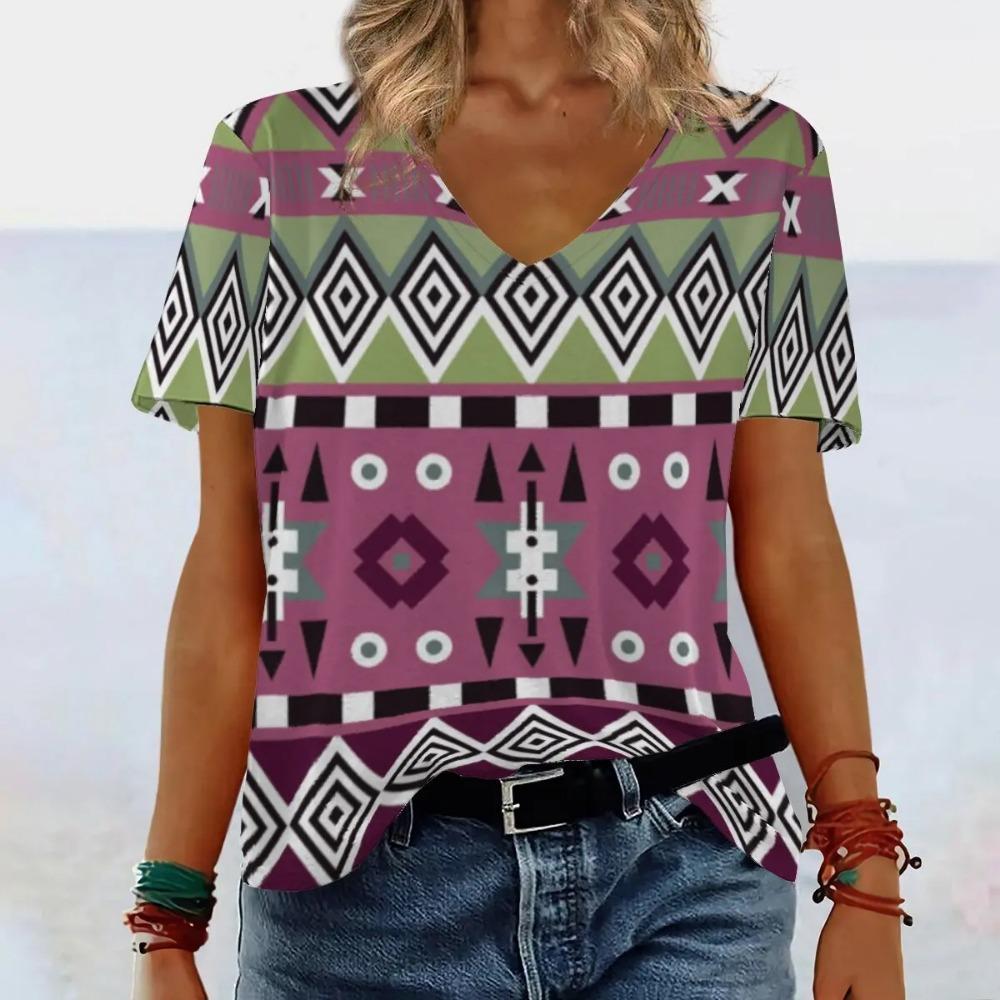 Ethnic Style Geometric 3D Printed Women's Street V-neck Short Sleeved T-shirt