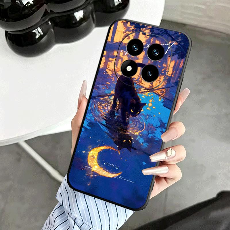 Night Moon Cat Dreamy Art Soft Phone Case for Xiaomi Redmi Note 12 13 14 15 Pro Plus 11 12S 11S 11T 10 4G Black Cover Back Shell