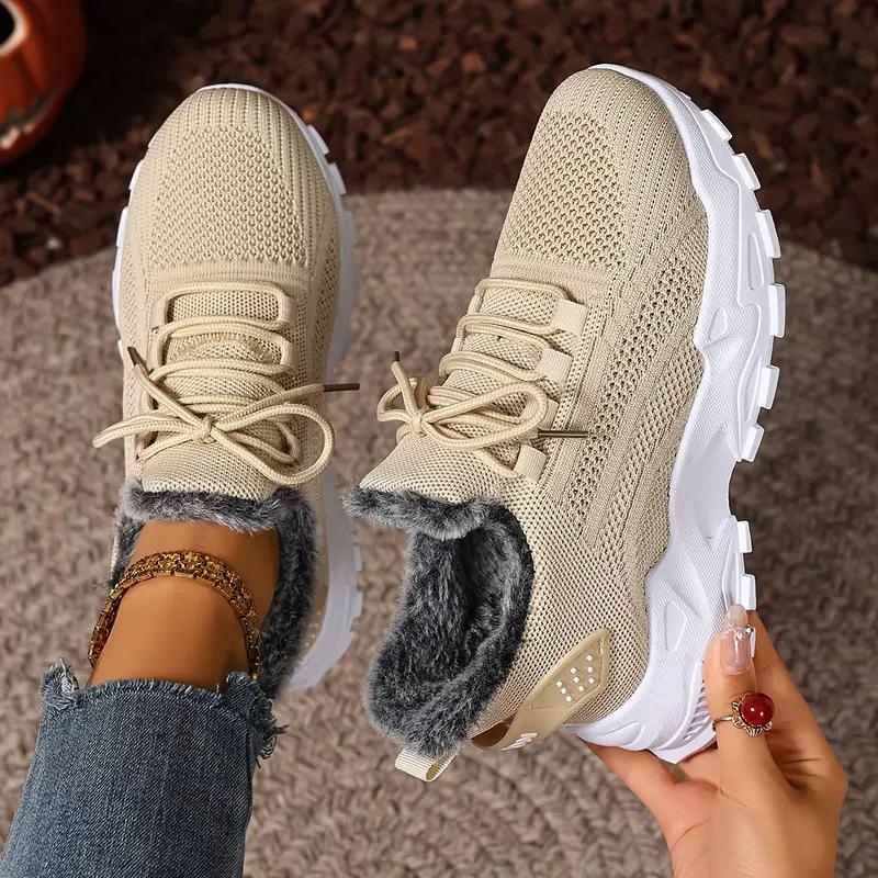 Women's Winter Sneakers With Fur Warm Sneakers For Women Shoes Red Sneakers Woman Plush Breathable Mesh Ladies Casual Shoes