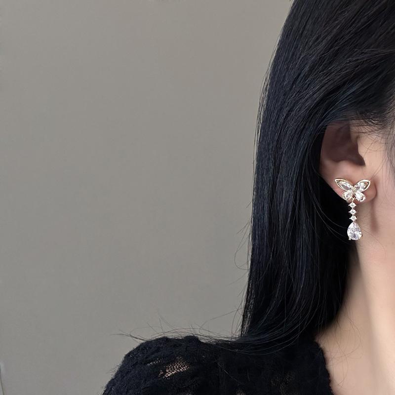 Korean Luxury Crystal Flower Butterfly Earrings For Women Sweet Zircon Drop Earrings Girls Party Jewelry Bijoux Gifts