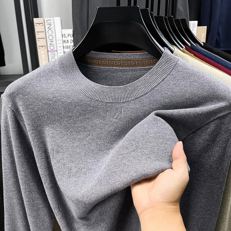New Autumn And Winter Men'S Sweater Solid Color Round Neck Jacquard Casual Fashionable Simple Knitwear Base Sweater Top