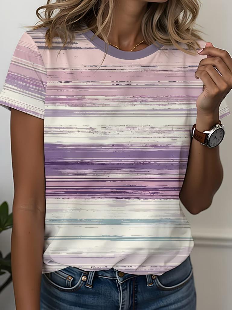 Women's Contrasting Striped Printed T-Shirt Round Neck Loose Short Sleeved Fashion Simple Commuting Top Y2k Tee Woman Clothing