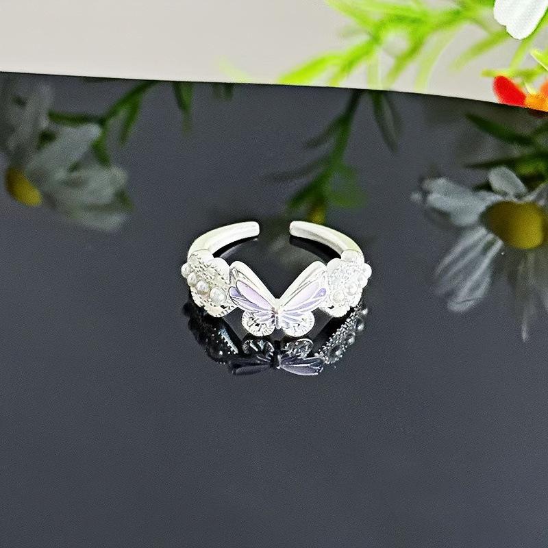 Romantic Pink Love Butterfly Zircon Whitening Temperament Open Ring Women'S Exquisite Niche Cold Wind Ring