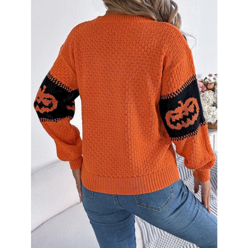 Autumn and Winter Women's Halloween Theme Pumpkin Head Clashing Colours Knitted Long Sleeve Pullover Sweater