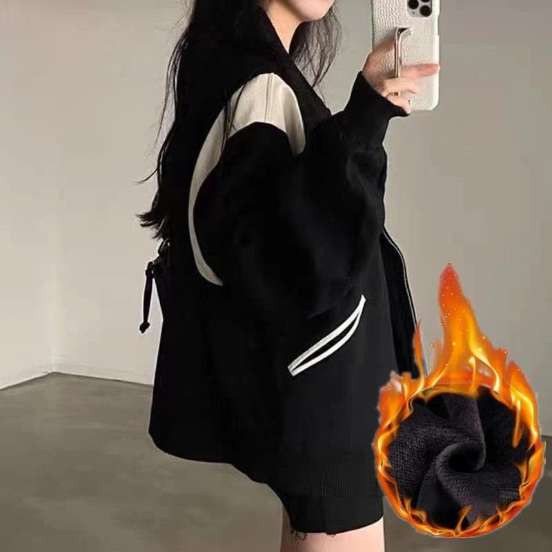 Women s Fleece Lined Varsity Jacket Color Block Long Sleeve Warm Coat XXL чёрный