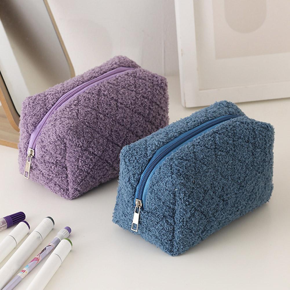 Cute Plush Cosmetic Bag Solid Color Simple Soft Large Capacity Makeup Storage Bag Daily Travel Cosmetic Bag