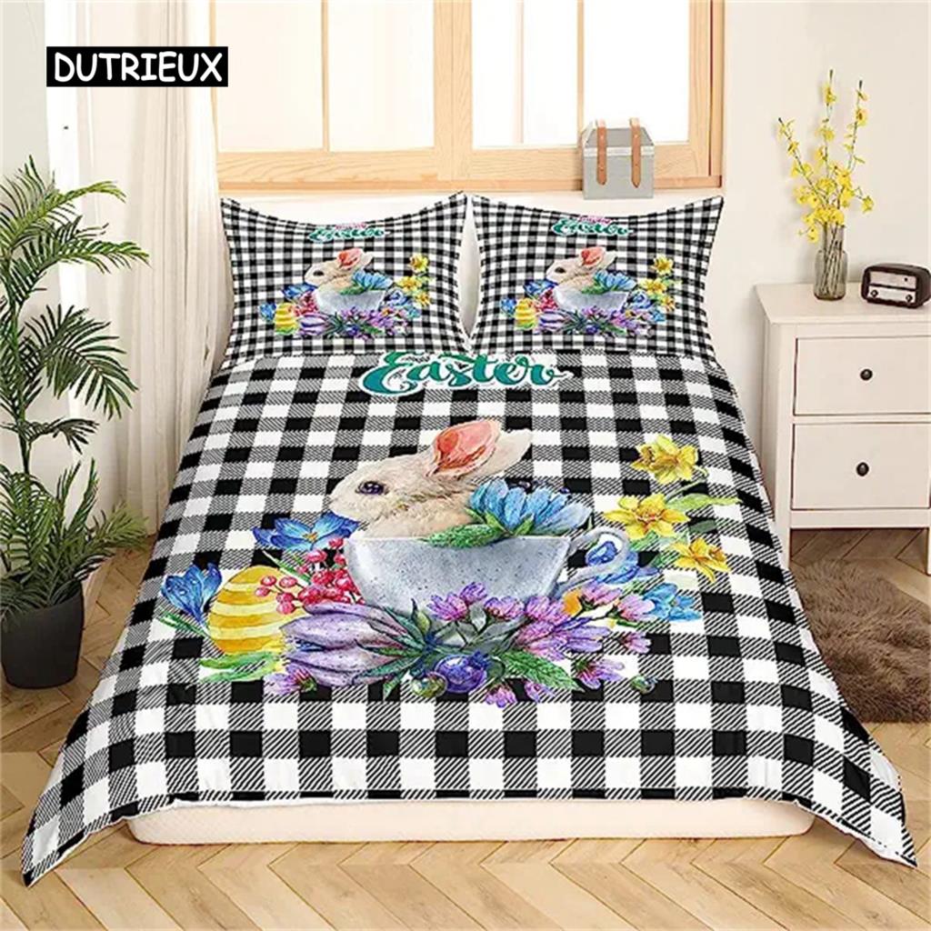 Easter Rabbit Duvet Cover Easter Bedding Set Floral Cute Rabbit Pet Queen Size Kawaii Presents Easter Day Gifts for Toddlers