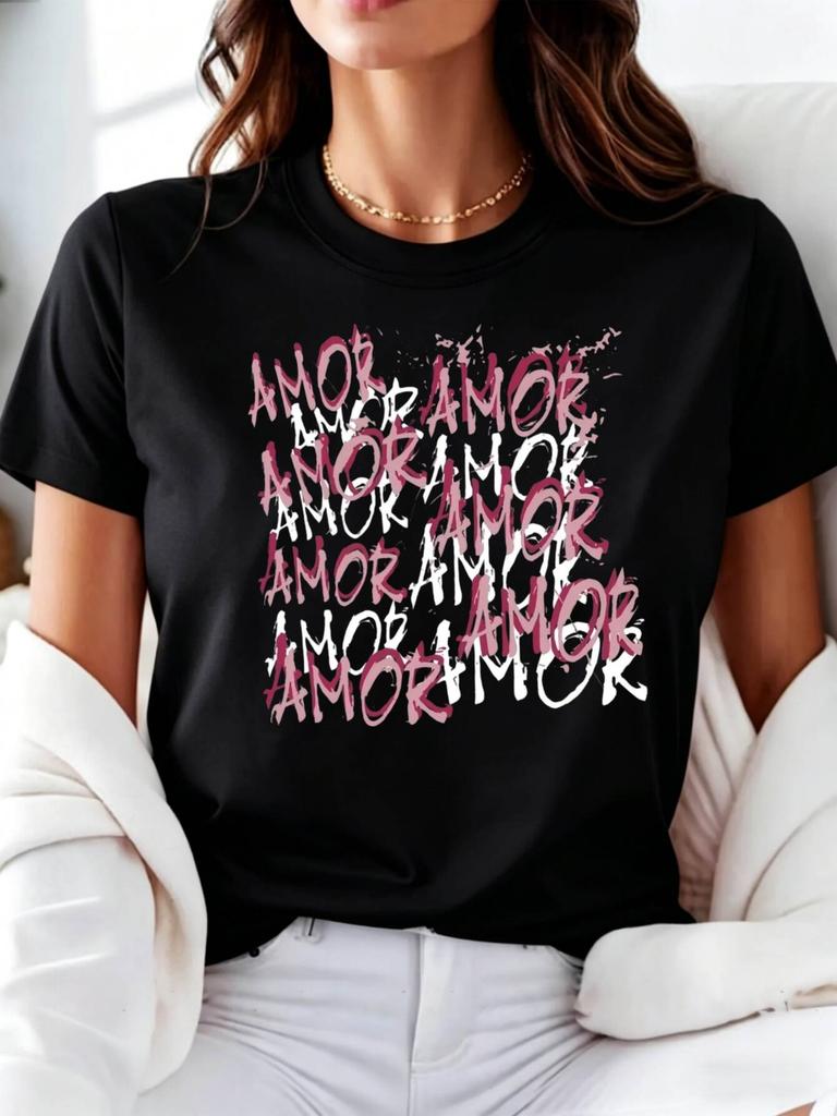 Casual Unisexs Tshirt Amor Letter Print Round Neck Short Sleeve Lightweight Comfortable For Daily Female Tshirt Tops Tee