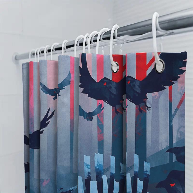 Gothic Raven Shower Curtain Dark Forest Halloween Decor Spooky Birds Washable Bathroom Set Vintage Horror Landscape Wall Art