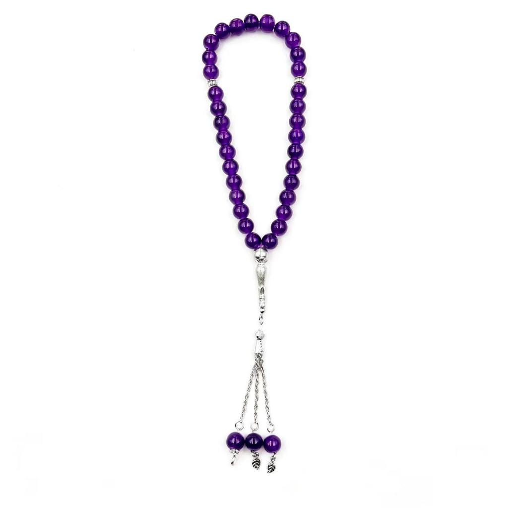Multi-color Imitation Agate Glass Prayer Beads Bracelet with Silver Tassel - 33 Bead Ethnic Style Ornament.