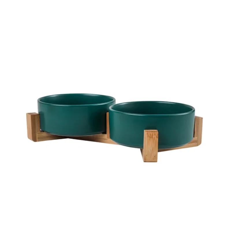 Wooden Rack Ceramic Pet Double Bowl-Integrated Eating & Drinking Basin No Spill Feeder To Protect Small Cats Dogs Necks Supplies