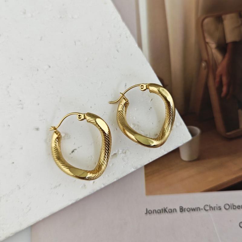 European & American Retro Round Twisted Pattern Titanium Stainless Steel Hoop Earrings