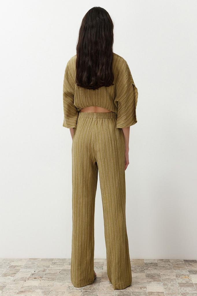 Women's Style Trousers Khaki Elastic Waist Textured Fabric Woven Trousers