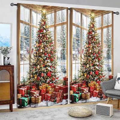 2 Stück bedruckte Vorhänge mit Weihnachtsbäumen für weihnachtliche Heimdekoration – Fensterbehandlung mit Stangentaschen für Schlafzimmer, Büro, Küche