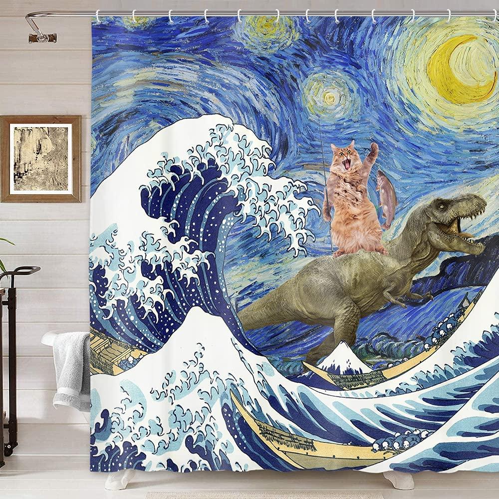 Funny Dinosaur And Cat In Japanese Kanagawa Waves Shower Curtain Waterproof Fabric Hilarious Bathroom Curtain With 12 Hooks