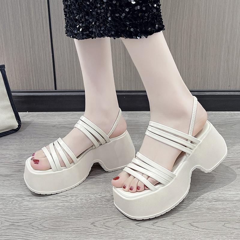 Silver Wedge Sandals Women Platform Shoes Black Belt High Heels Gladiator Chunky Heeled  Summer Wedges Zapatos De Mujer