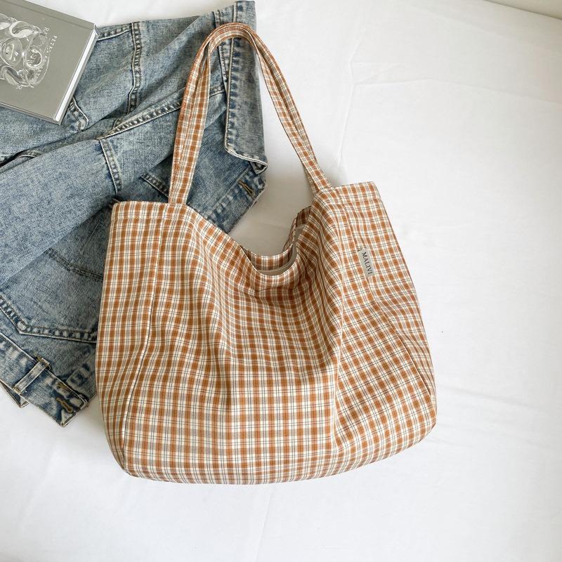 Large Capacity Plaid Canvas Tote Bag Summer Fashion Literary Lazy Shoulder Shopping Bag