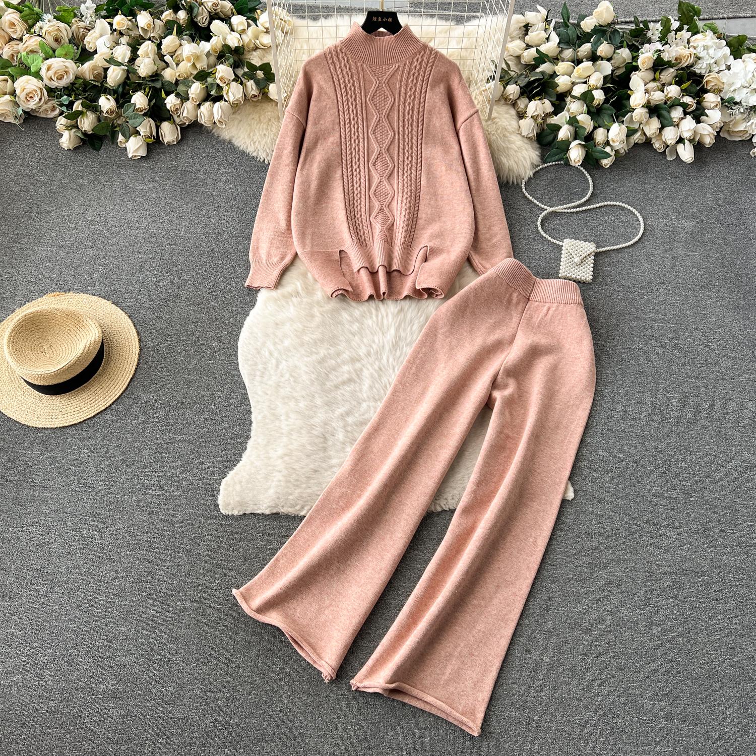 

Зимовий вінтажний в’язаний светр із брюками з 2 предметів, жіночий товстий спортивний костюм, пуловер + брюки до щиколотки One Size рожевий