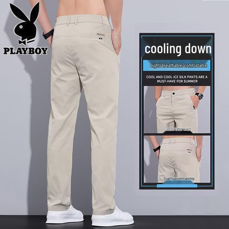 PLAYBOY Pantalon Décontracté Droit en Soie Glacée pour Homme